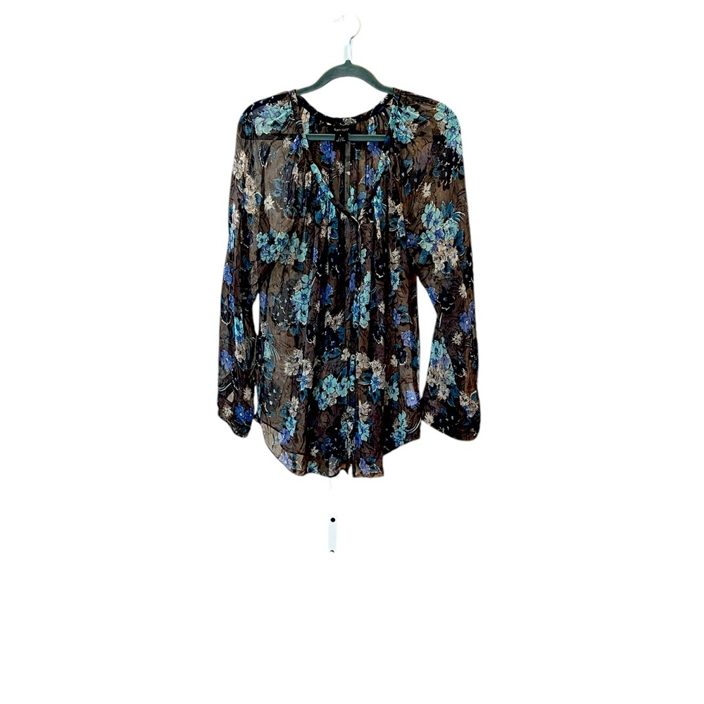 Karen Kane silk floral blouse… Sheer… Size L… Gray blue white black… Beautiful